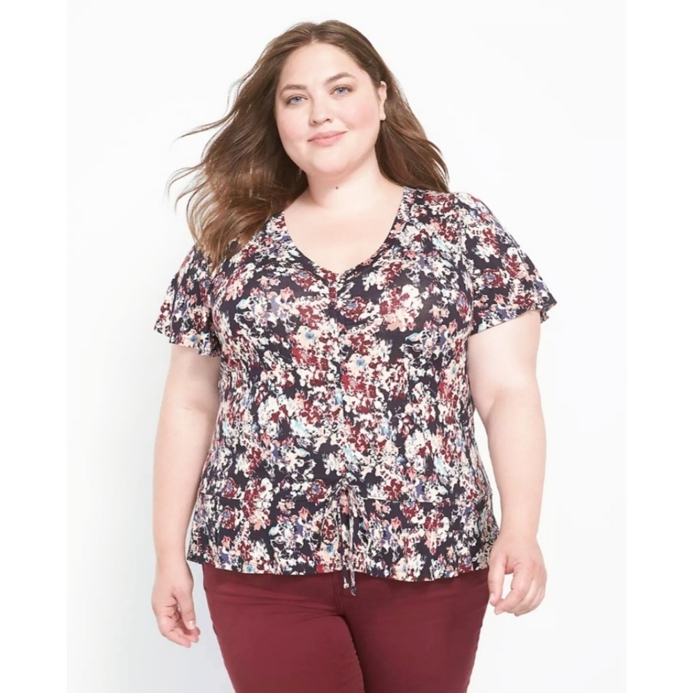 NWT Lane Bryant Floral V-Neck Ruched Front Top Plus Size 22/24  Burgundy Blue